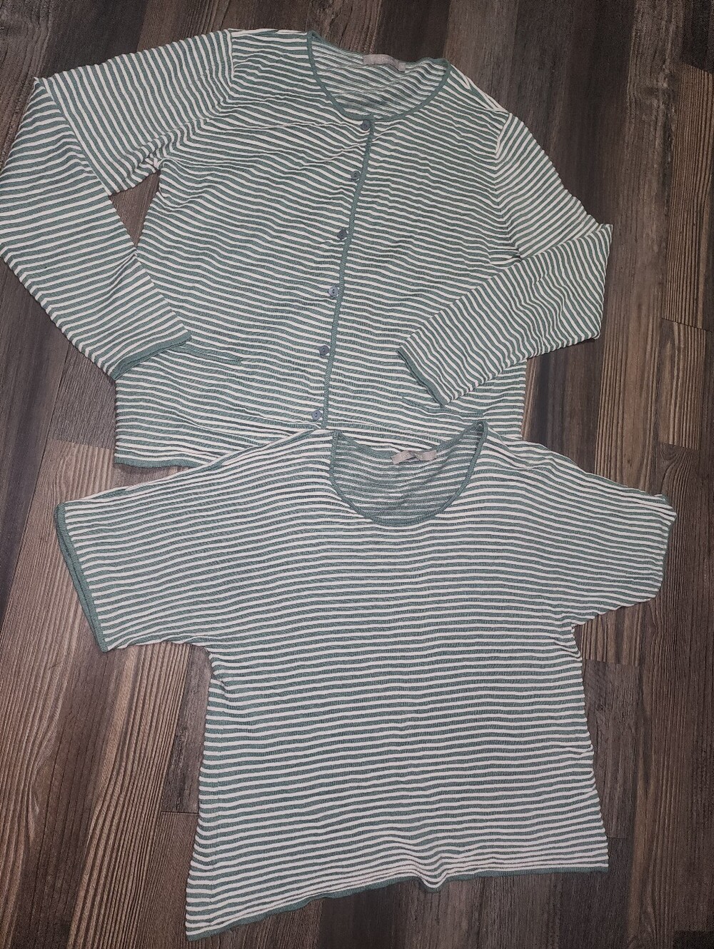 Two Danes Set Cardigan With Short Sleeve Matching Top Small Medium Green Stripes